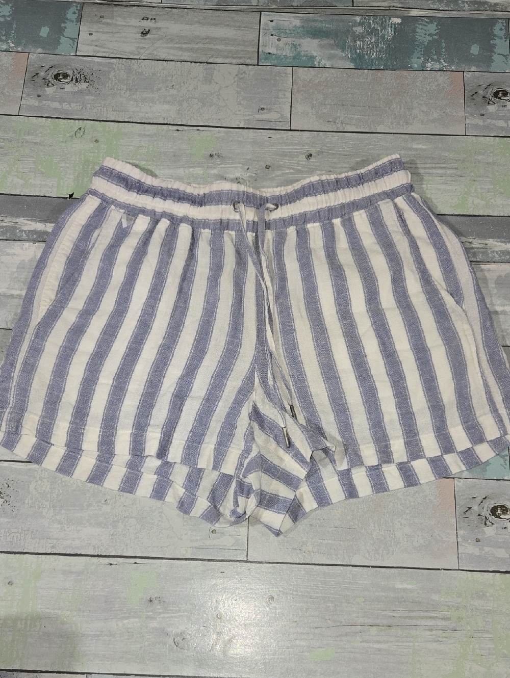 GAP Blue and White Striped High Waist Linen Blend Drawstring Shorts Sz Small